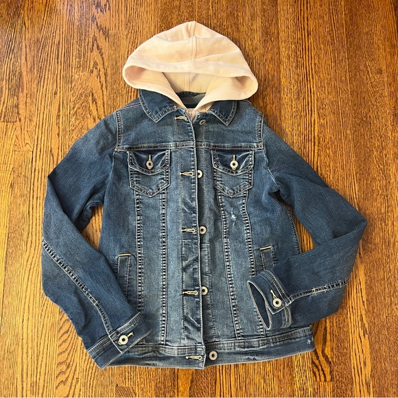 Abercrombie Kids denim jacket with pink liner and hood size 13/14 - Picture 2 of 6